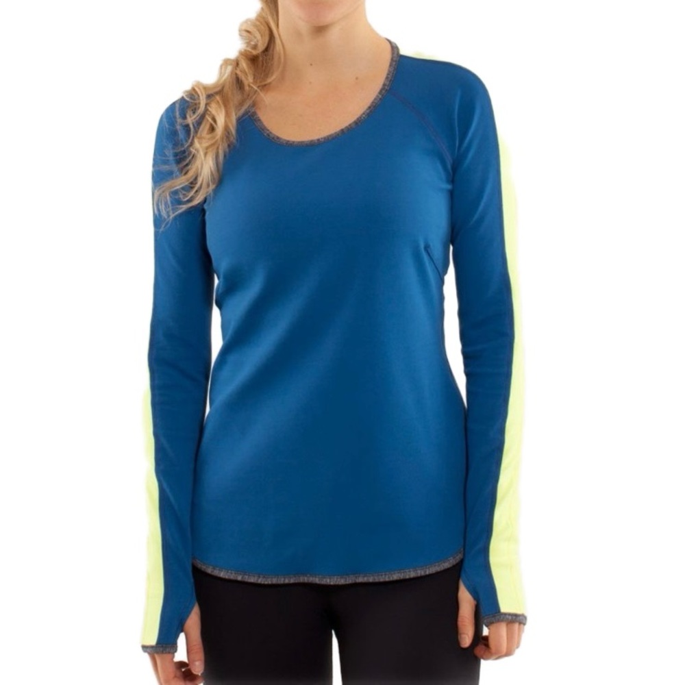 lululemon- Runder Under Reversible Long Sleeve, blue/grey/yellow, size 6